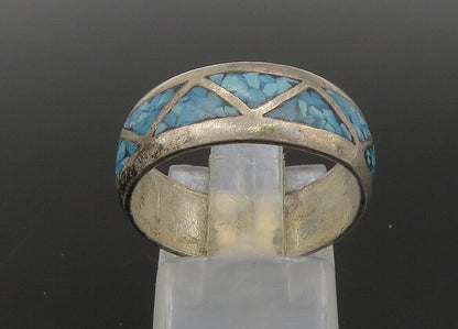 SOUTHWESTERN 925 Silver Vintage Turquoise Pattern Band Ring Sz 8 RG22895