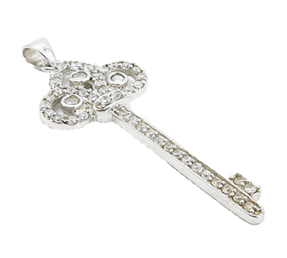 925 Sterling Silver  Sparkling White Topaz Key Motif Drop Pendant  PT6345