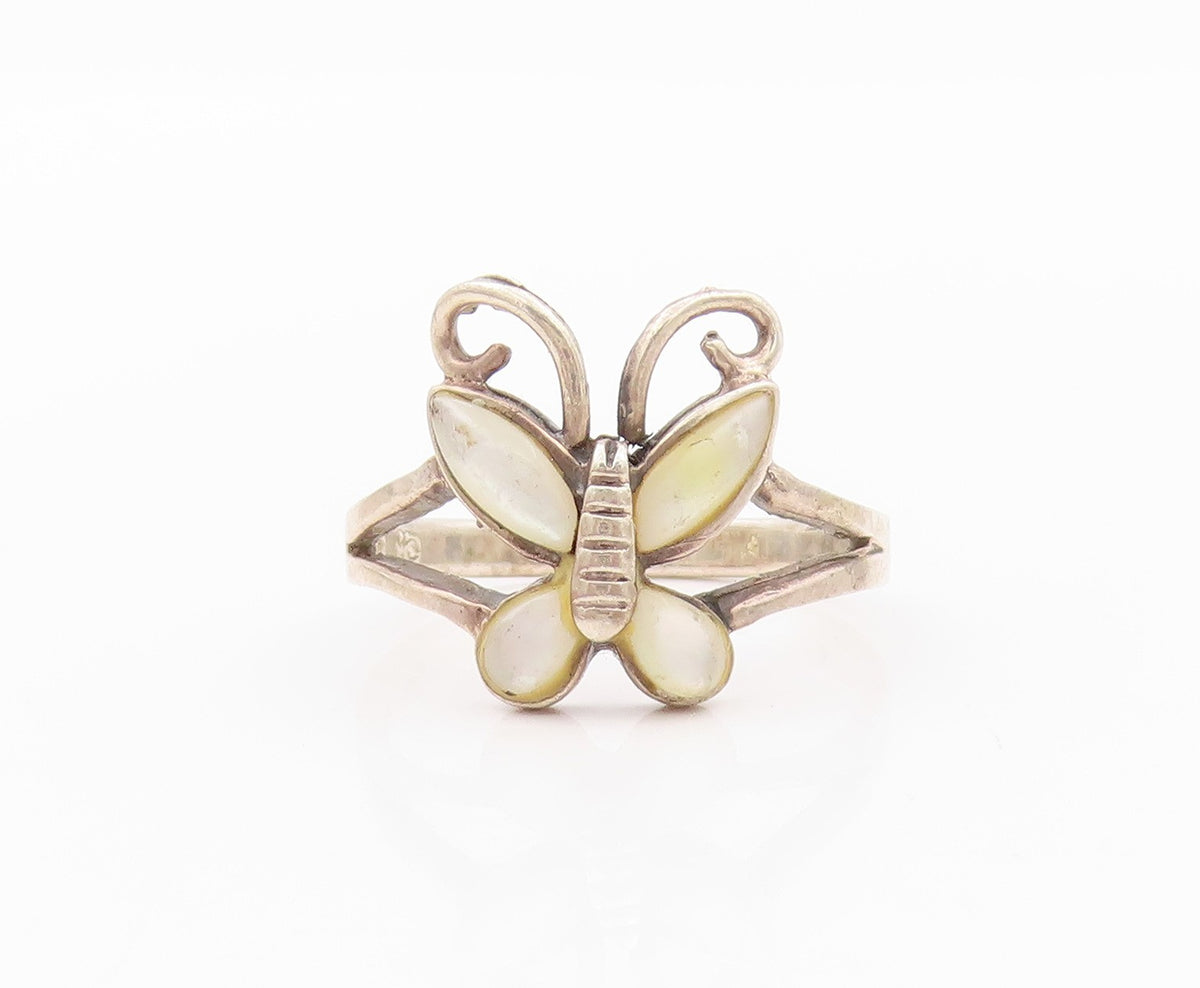 925 Sterling Silver Vintage Ring Mother Of Pearls Inlay Butterfly  SZ 8  RG32278
