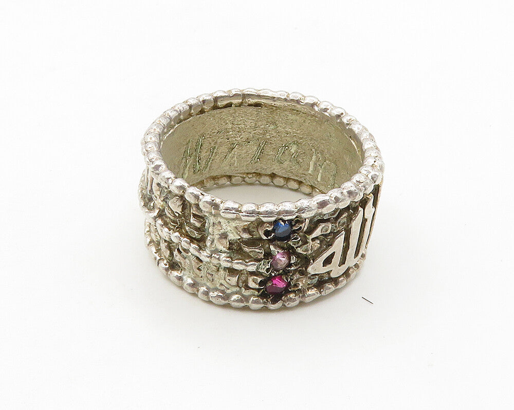 925 Sterling Silver  Vintage Topaz Shiny Writing Band Ring Sz 10  RG19101