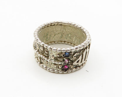 925 Sterling Silver  Vintage Topaz Shiny Writing Band Ring Sz 10  RG19101