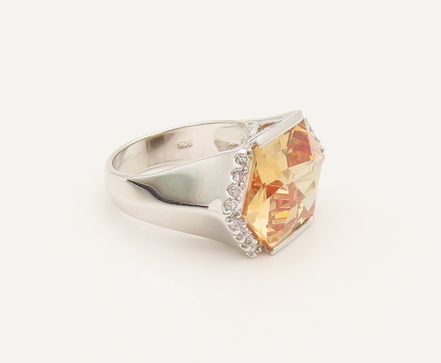 925 Silver  Vintage Hexagon Citrine & Cubic Zirconia Ring Sz 10  RG26344