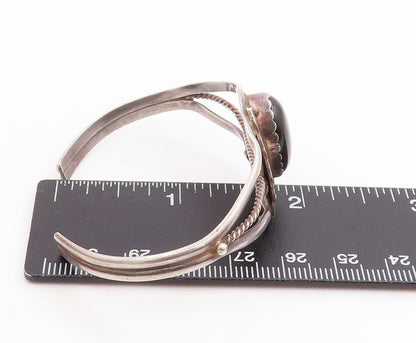 925 Sterling Silver Vintage Bracelet NAVAJO Cabochon Onyx Leaf Design  BT11447