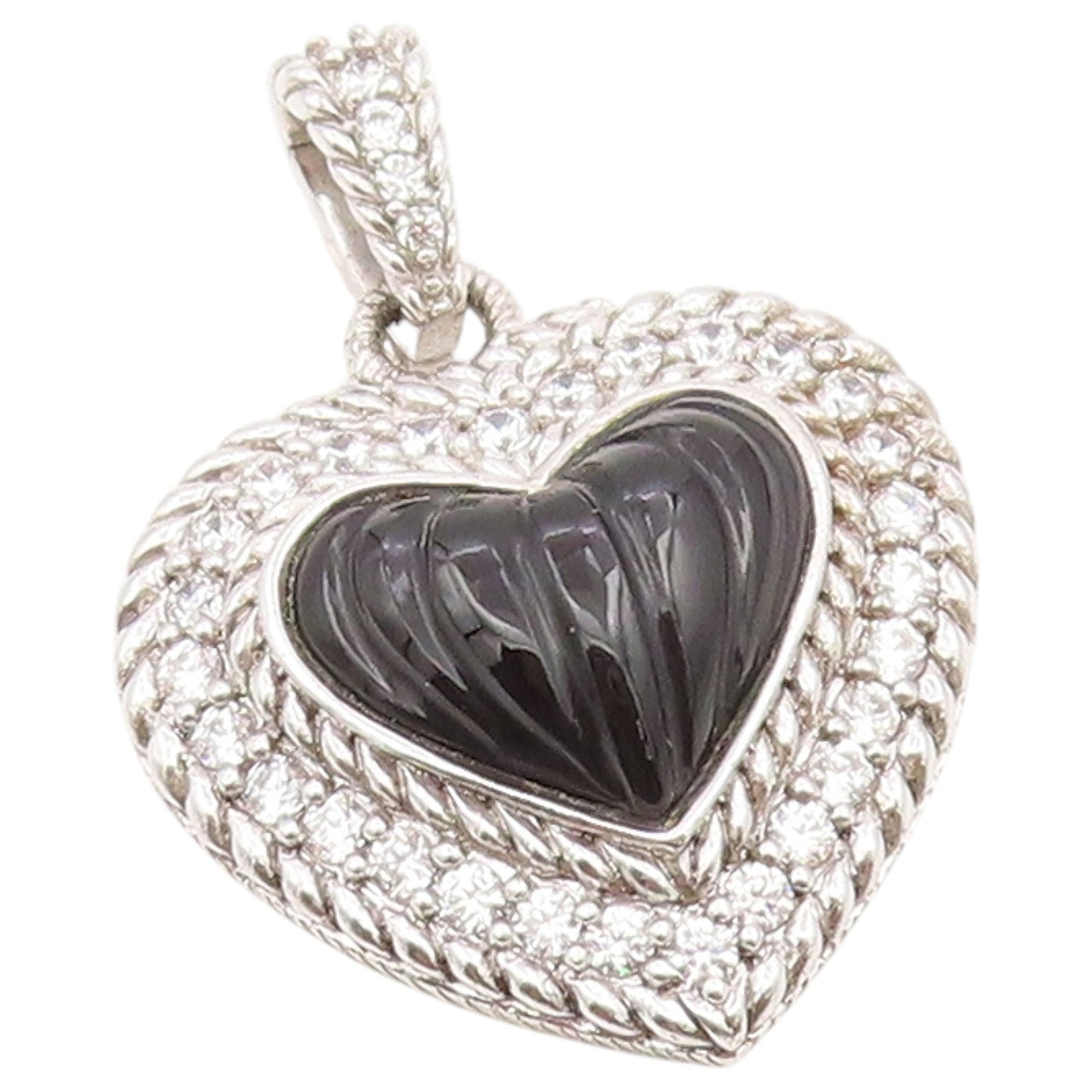 925 Sterling Silver Vintage Pendant JUDITH RIPKA Onyx & CZ Love Heart  PT26408