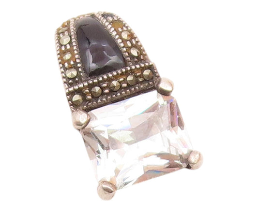 925 Sterling Silver  Vintage Cubic Zirconia Onyx & Marcasite Pendant  PT19201