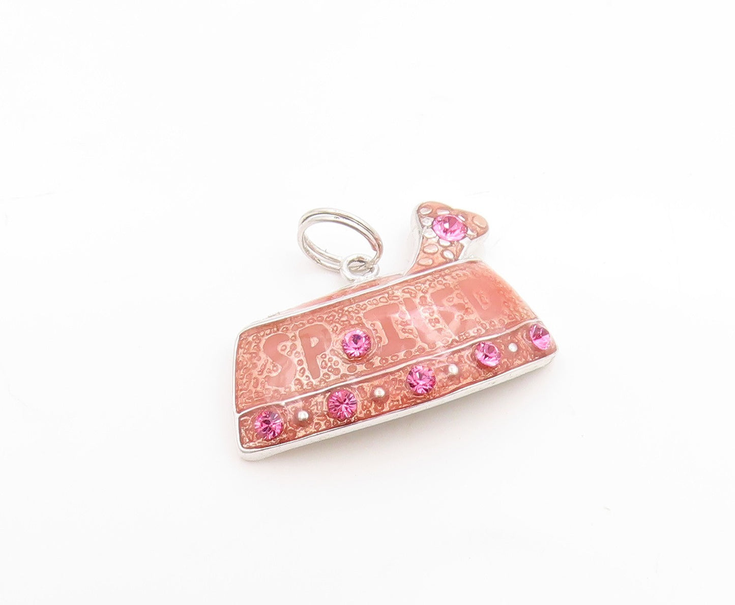 925 Sterling Silver Vintage Pendant Pink Topaz Enameled Spoiled Pet Tag  PT25434
