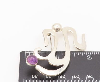 MEXICO 925 Silver  Vintage Swirly Cutout Beaded Amethyst Brooch Pin  BP10396