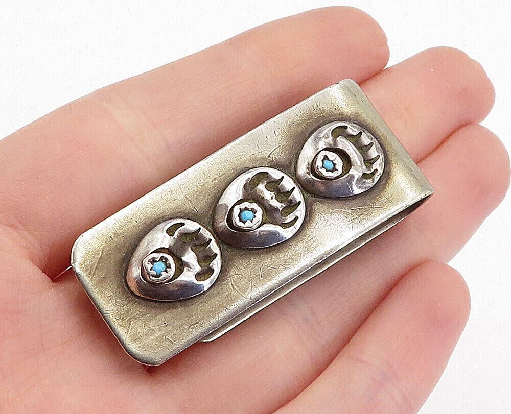 NAVAJO 925 Sterling Silver  Vintage Turquoise Bear Claw Money Clip  TR1181