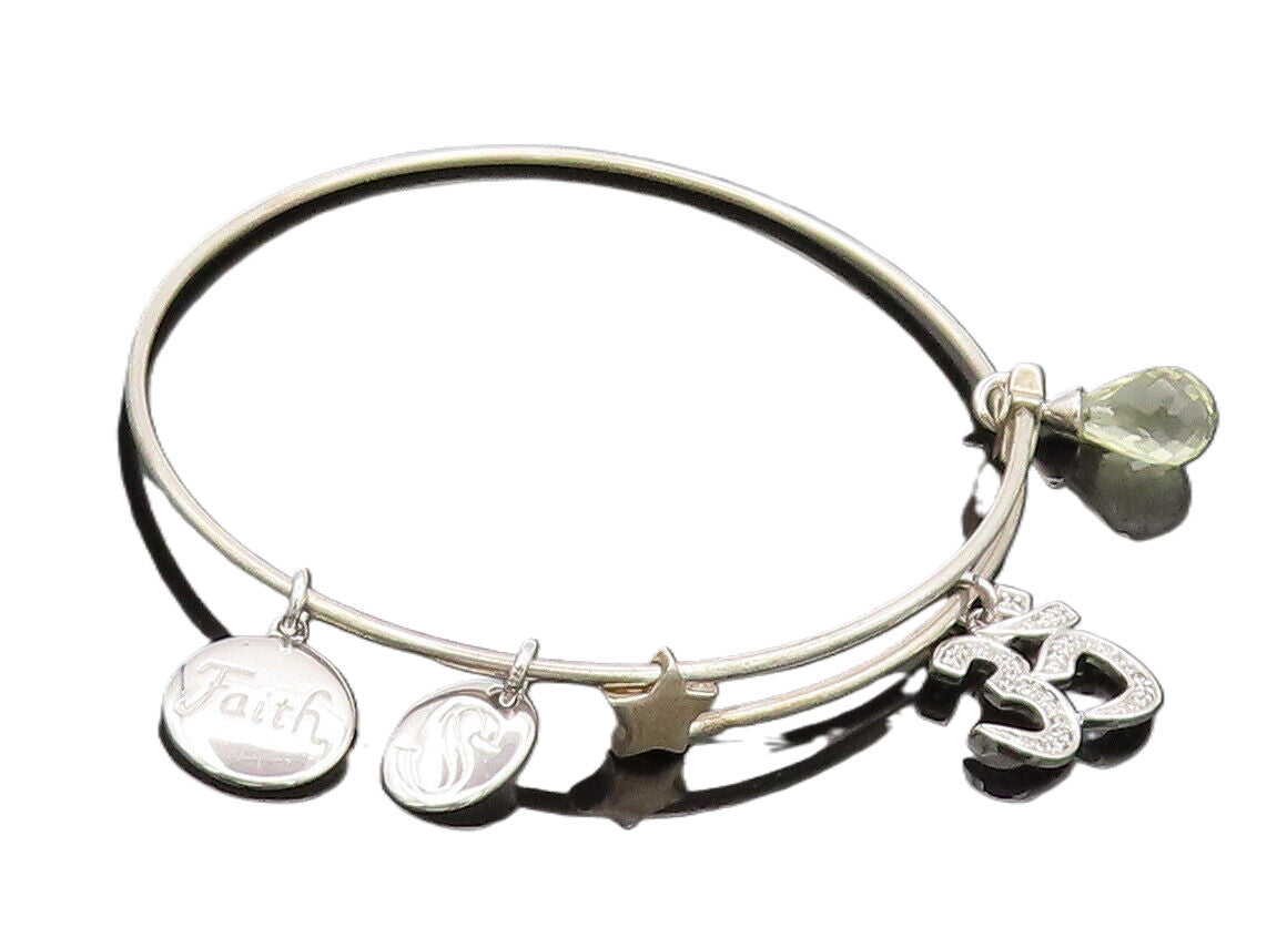 925 Sterling Silver  Vintage Dangling Religious CZ Om & Charms Bracelet BT9986