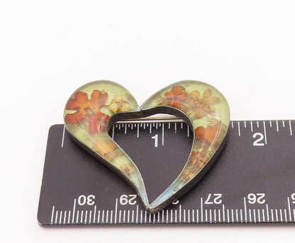 925 Sterling Silver Vintage Brooch Pin Designer Heart With Dried Flowers BP11027