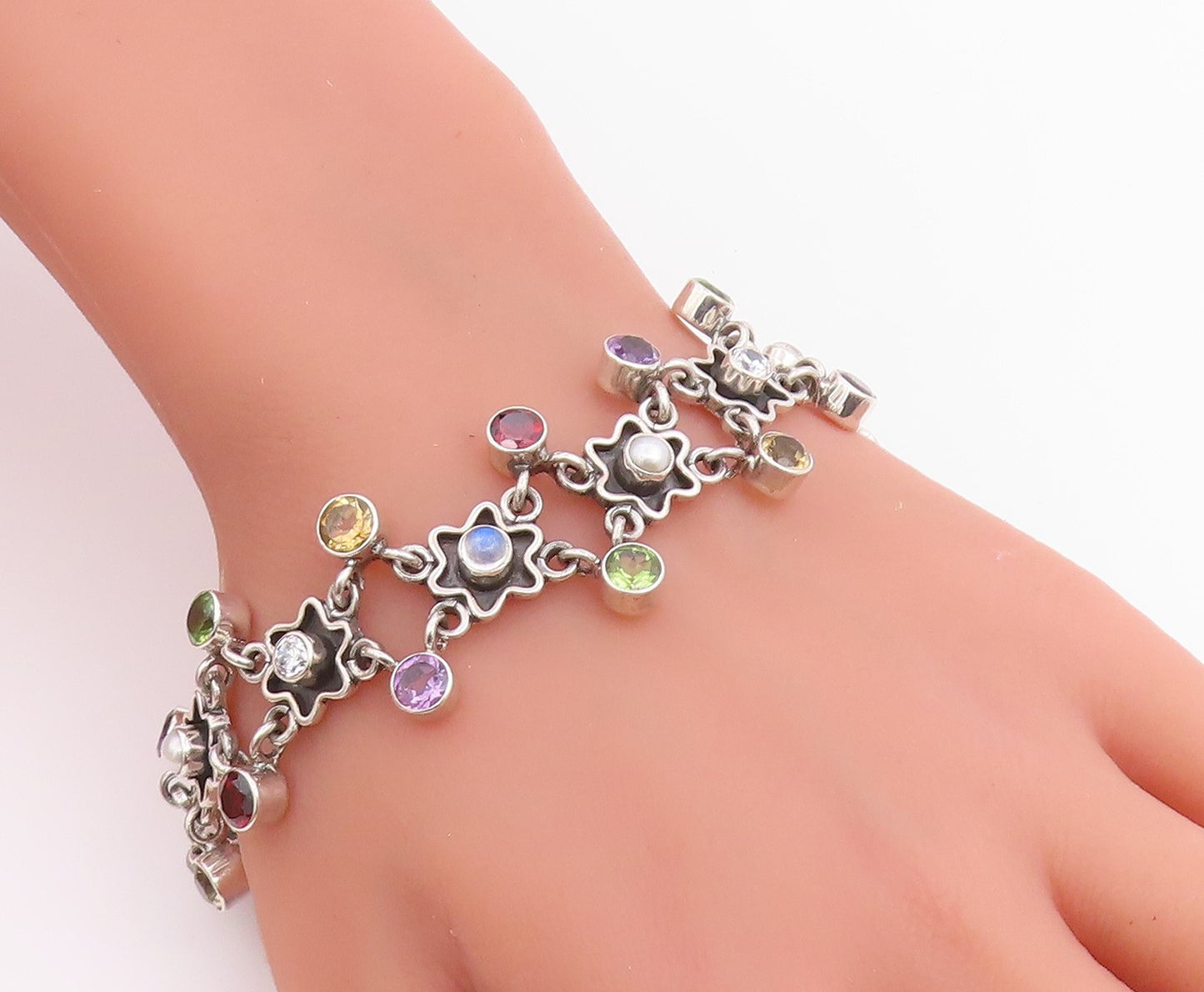 925 Sterling Silver Vintage Bracelet NICKY BUTLER Multi Gemstone Link  BT12231