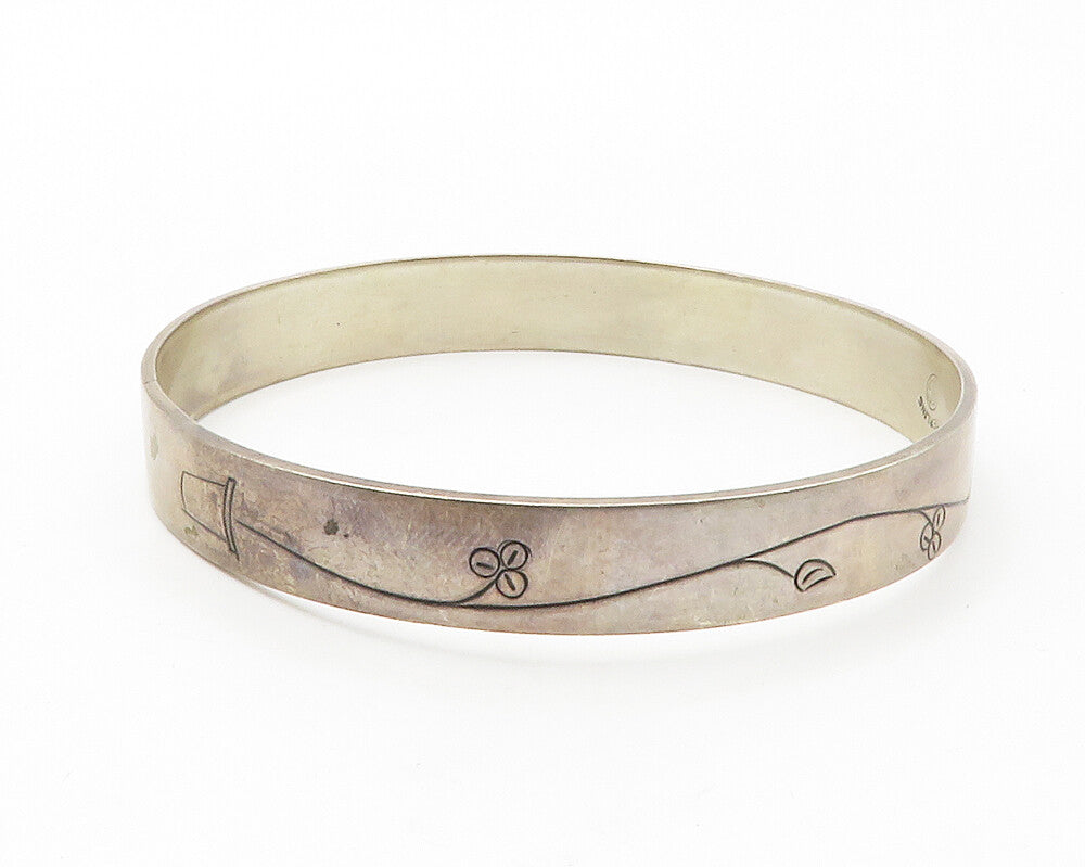 MEXICO 925 Sterling Silver  Vintage Flower Vine Etched Bangle Bracelet  BT5555