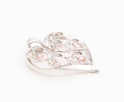 925 Sterling Silver  Dangling Pink Pearls Open Love Hearts Pendant  PT7919