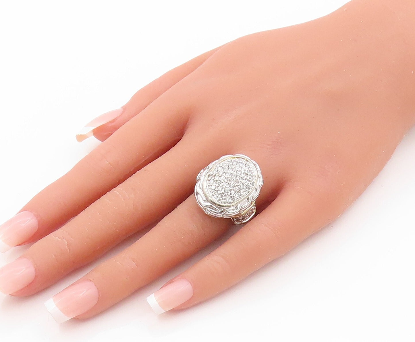925 Sterling Silver Vintage Ring Large Carved Oval CZ Inlay  Sz 7  RG31837