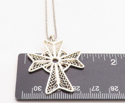 925 Sterling Silver  Vintage Shiny Filigree Cross Chain Necklace  NE2200