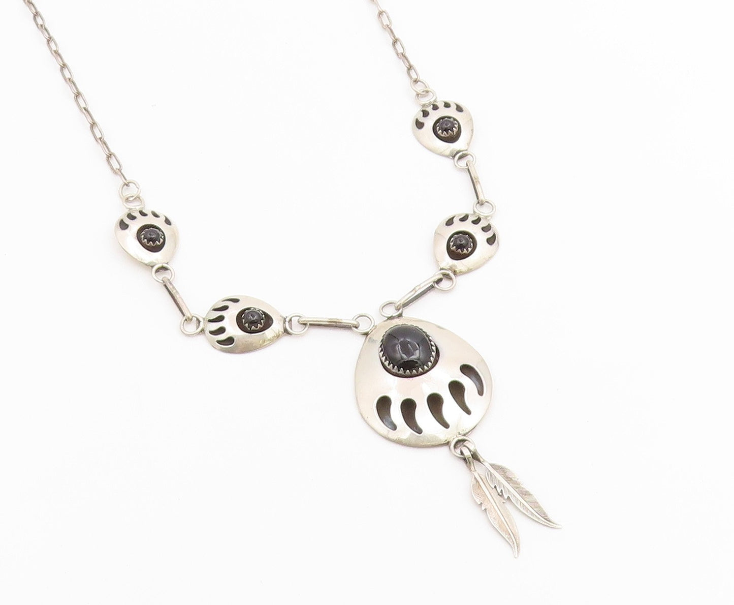 925 Sterling Silver Vintage Necklace NAVAJO Black Onyx Feather Drop Chain NE4908