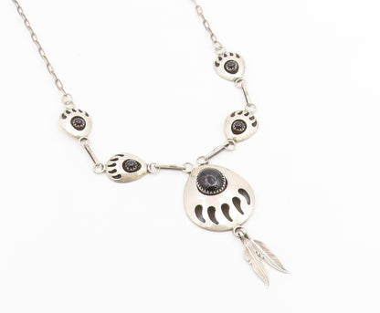 925 Sterling Silver Vintage Necklace NAVAJO Black Onyx Feather Drop Chain NE4908
