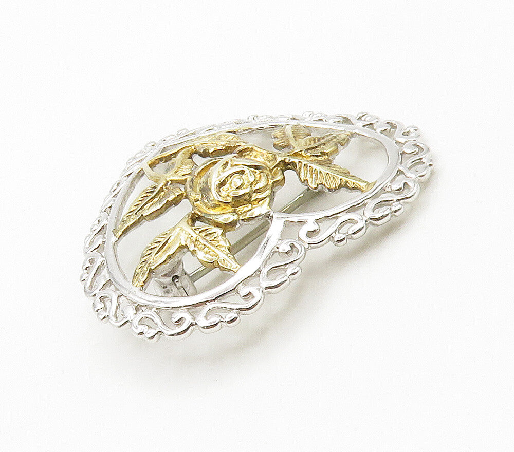 925 Sterling Silver  Vintage Two Tone Floral Love Heart Brooch Pin  BP6096