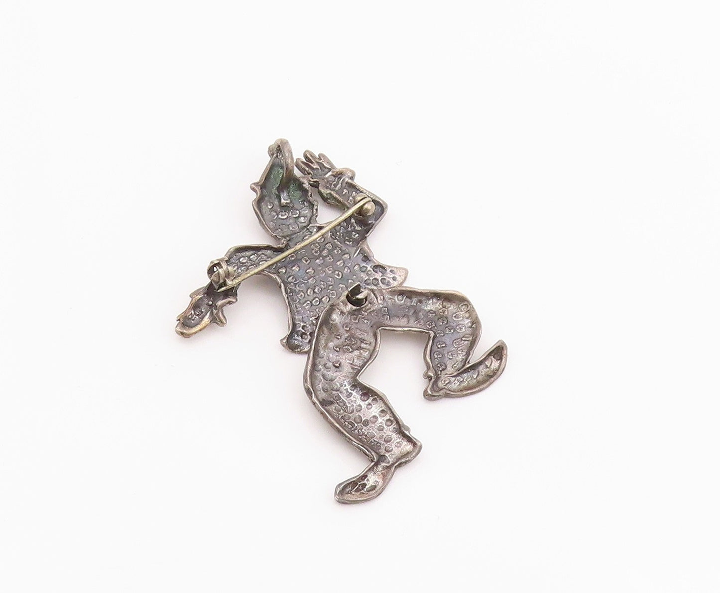 925 Sterling Silver Vintage Brooch Dark Tone Carved Dancing Clown Jester BP11700
