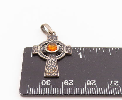 925 Sterling Silver Vintage Pendant Cabochon Amber Religious Cross  PT24260