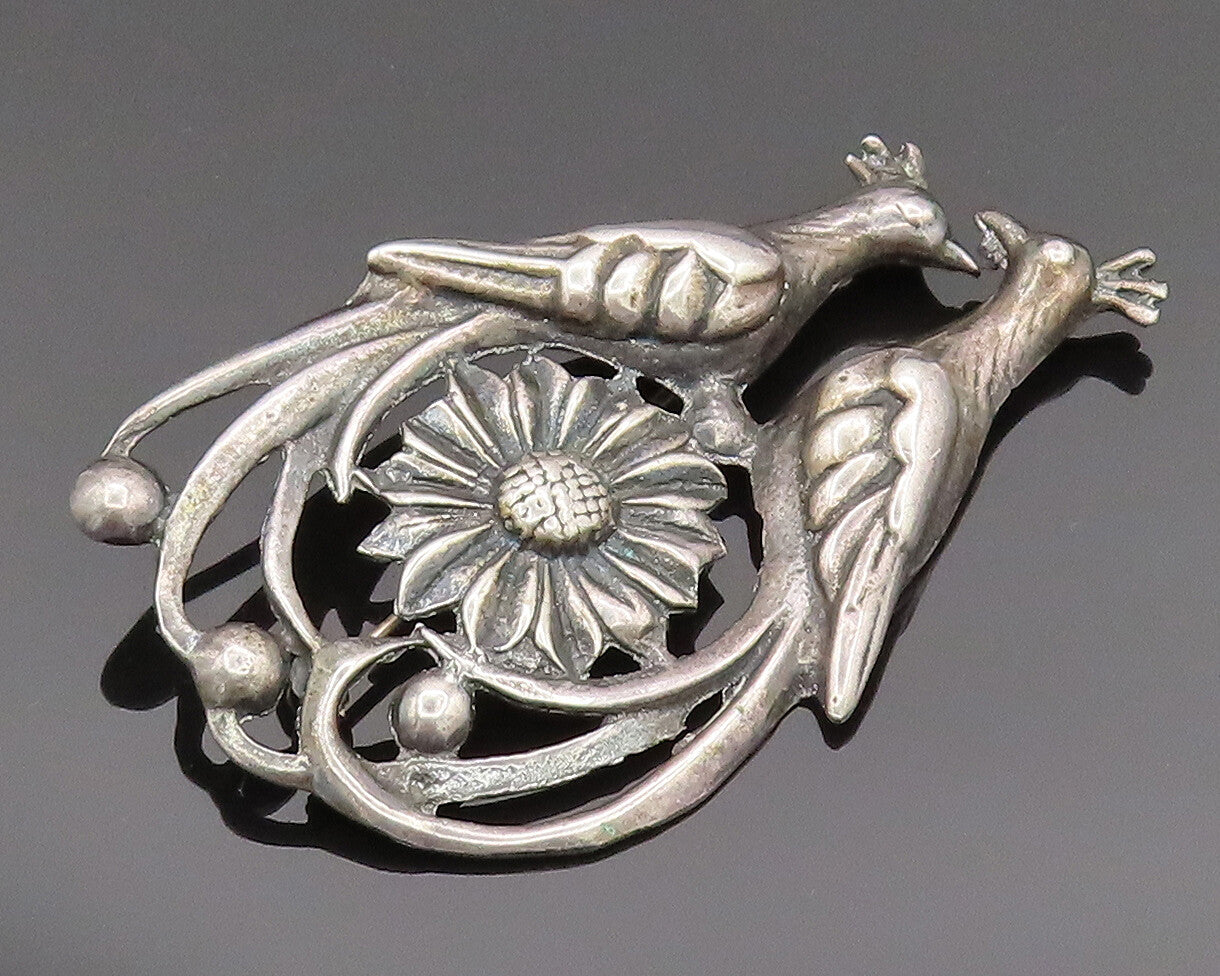 925 Silver  Vintage Antique Garden Love Birds Floral Brooch Pin  BP10163