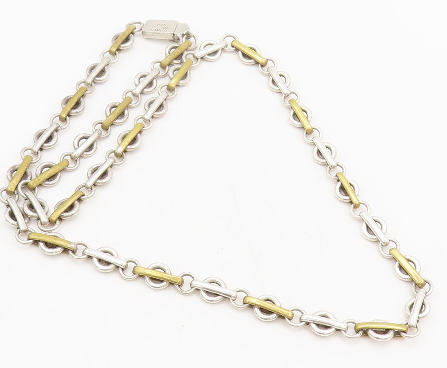 MEXICO 925 Silver  Vintage Rings Connected By Golden Loop Necklace  NE4189