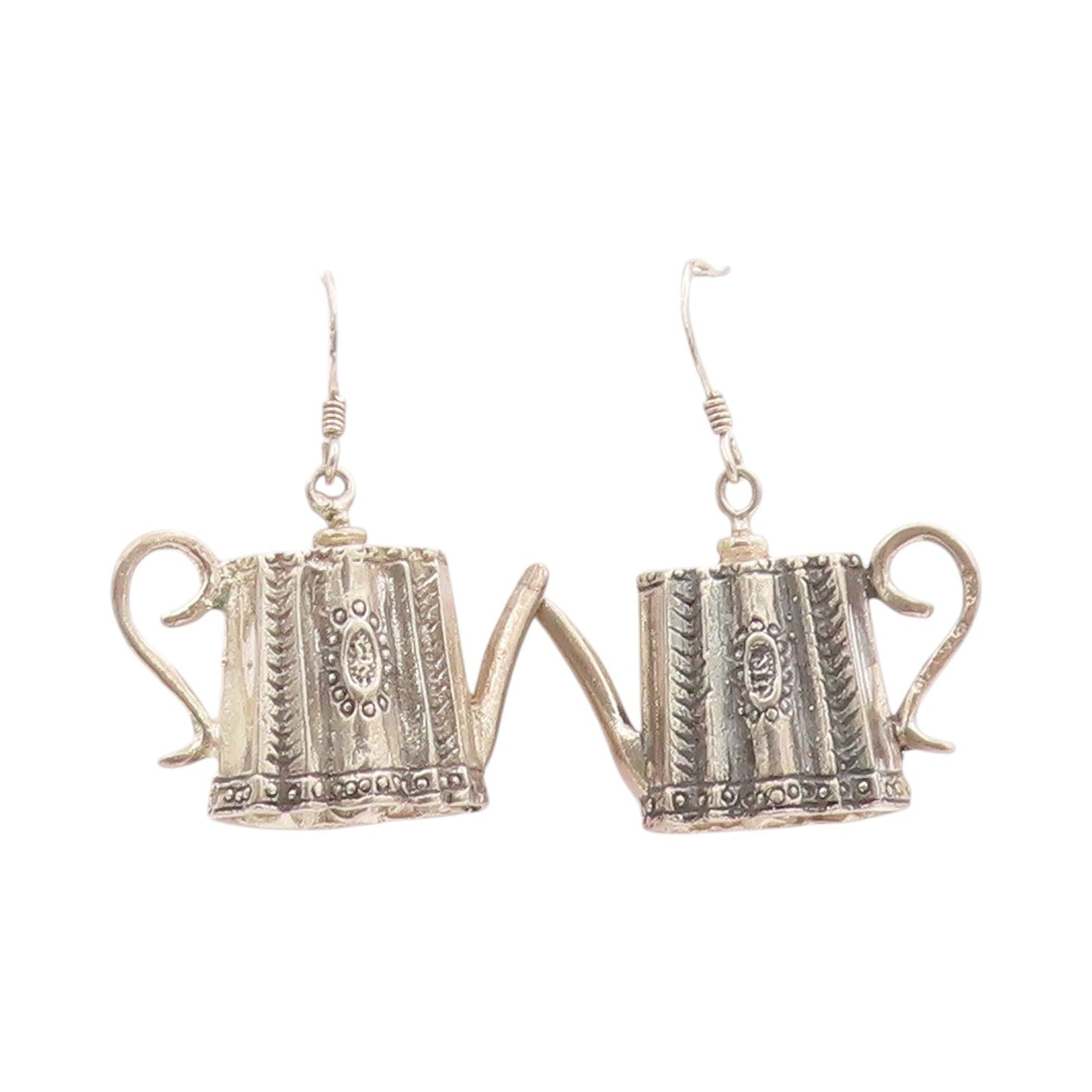 925 Sterling Silver Vintage Earrings Etched Miniature Tea Pot Dangles  EG13688