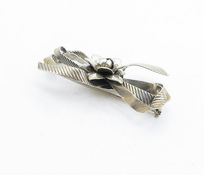 RAFFAELE 925 Silver  Vintage Sculpted Flower Ribbon Bow Brooch Pin  BP2112