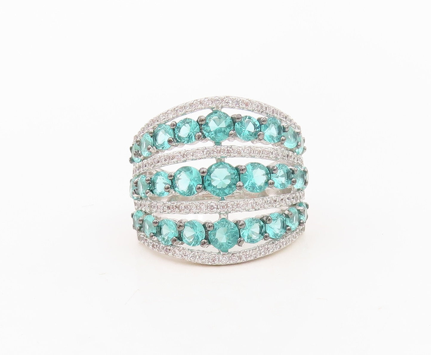 925 Sterling Silver Vintage Ring Designer Aqua & White CZ Bands  Sz 8.5  RG30150