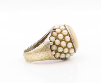 925 Sterling Silver Vintage Ring Mother Of Pearl Halo Pearls  SZ 10 RG31974