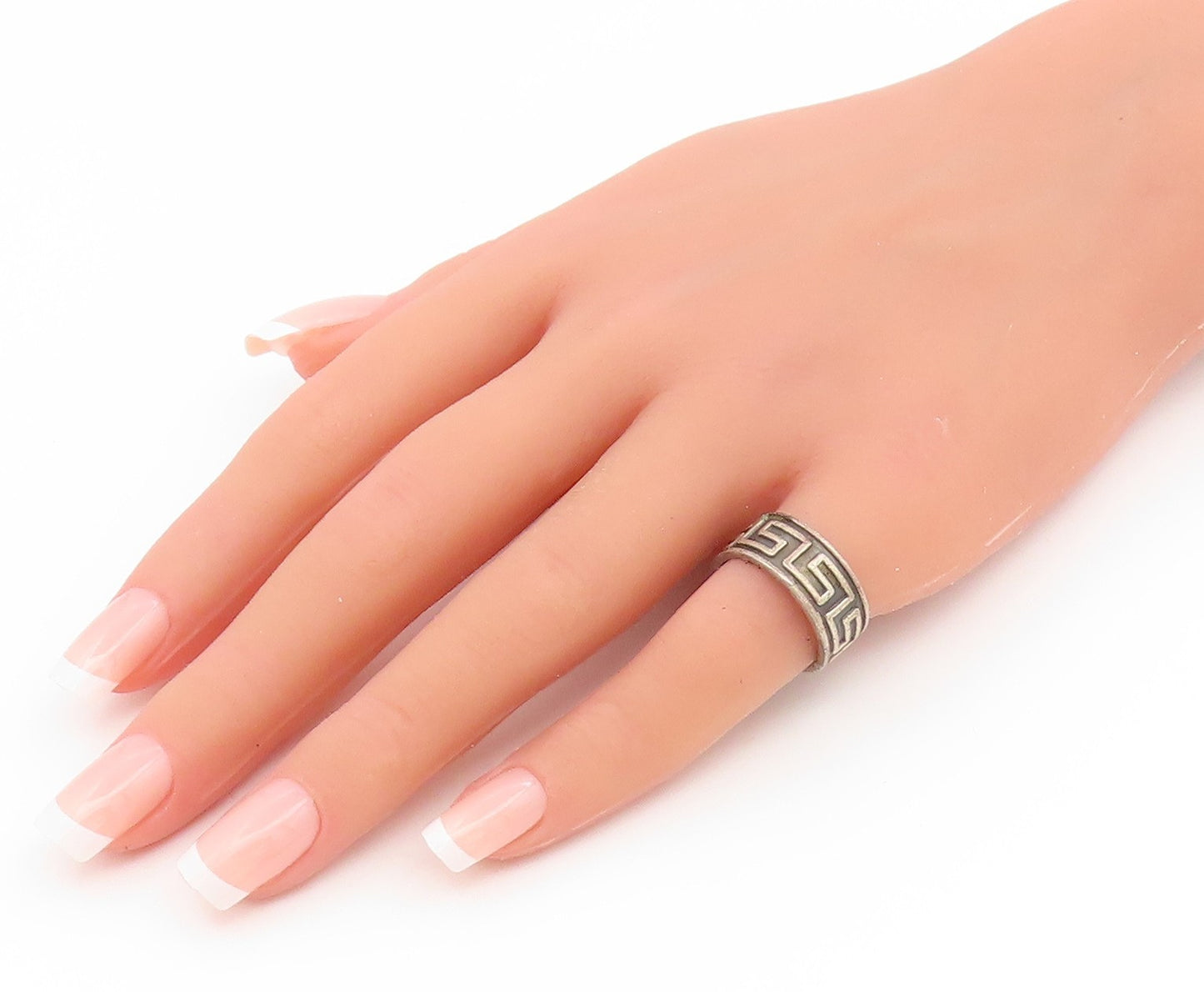 925 Sterling Silver Vintage Ring Carved Greek Key Pattern Band  Sz 6  RG35093