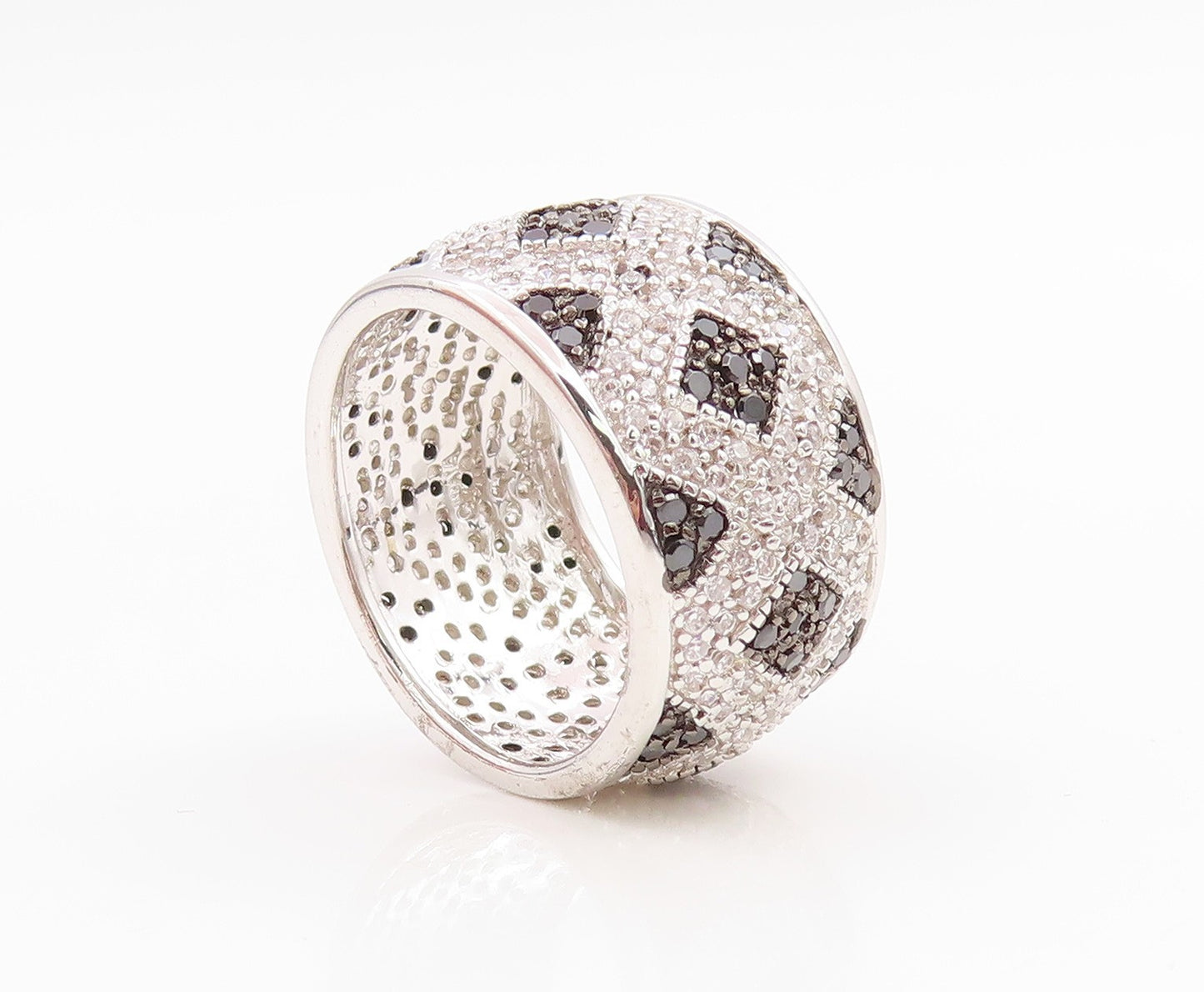 925 Sterling Silver Vintage Ring Spinel & CZ Geometric Pattern Band Sz 7 RG35664