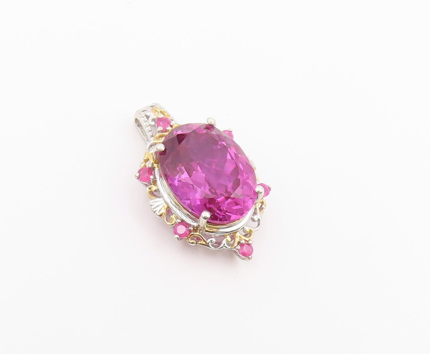925 Sterling Silver Vintage Pendant Two Tone Oval Cut Pink Topaz Charm  PT26592