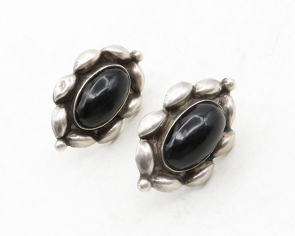 MEXICO 925 Silver  Vintage Cabochon Cut Black Onyx Non Pierce Earrings  EG6654