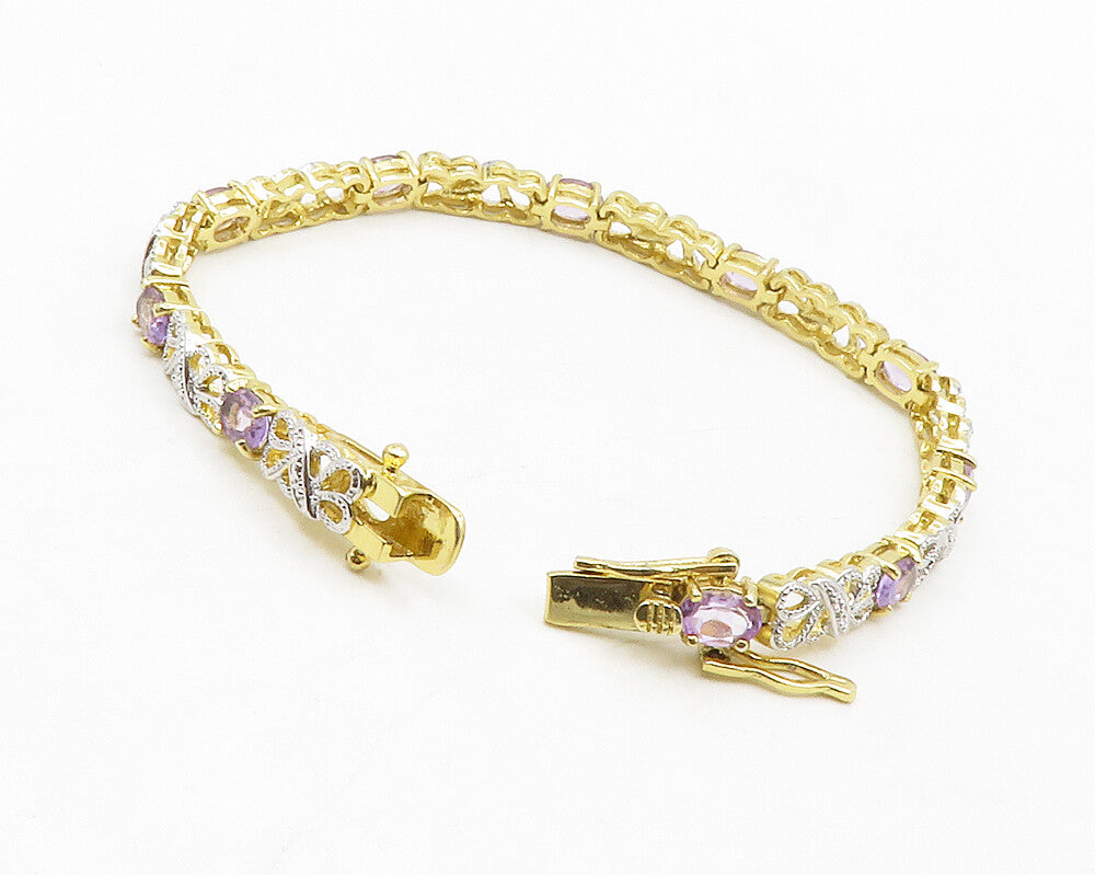 925 Sterling Silver Genuine Diamonds & Amethyst Two Tone Chain Bracelet  BT5120