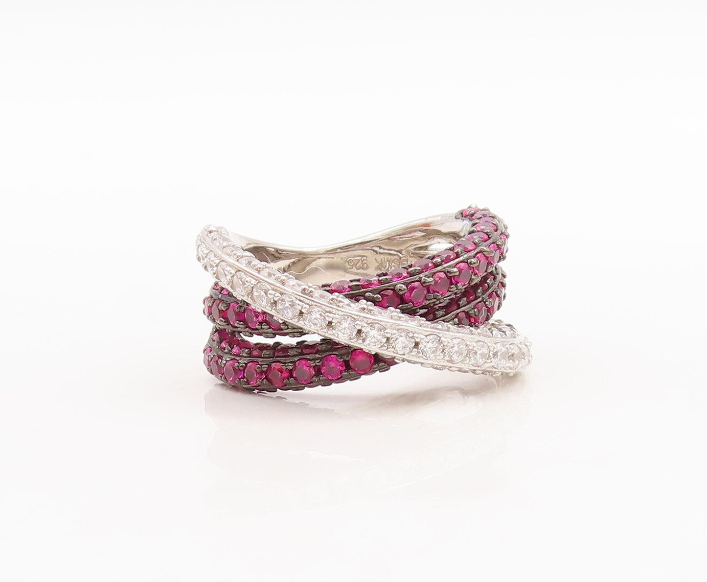 925 Sterling Silver Vintage Ring Modernist Pink & White Topaz Bands Sz 7 RG29792
