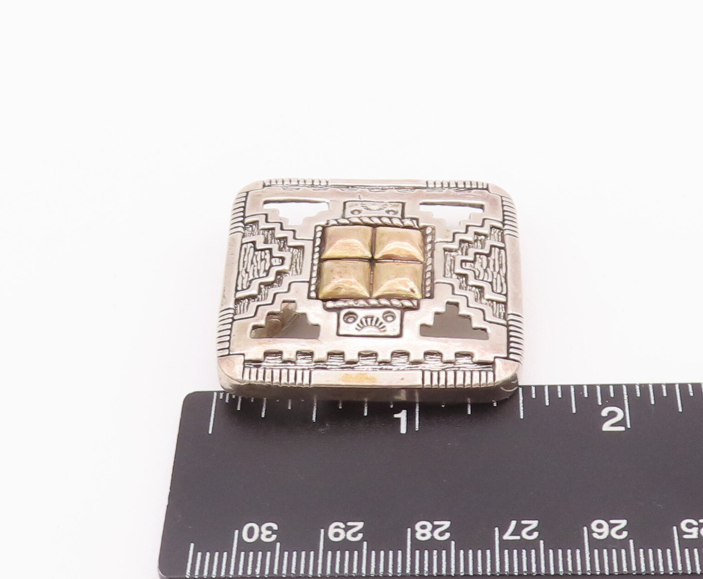 12k Gold 925 Sterling Silver Vintage Brooch Pin NAVAJO Aztec Carved  BP10750