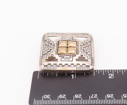 12k Gold 925 Sterling Silver Vintage Brooch Pin NAVAJO Aztec Carved  BP10750