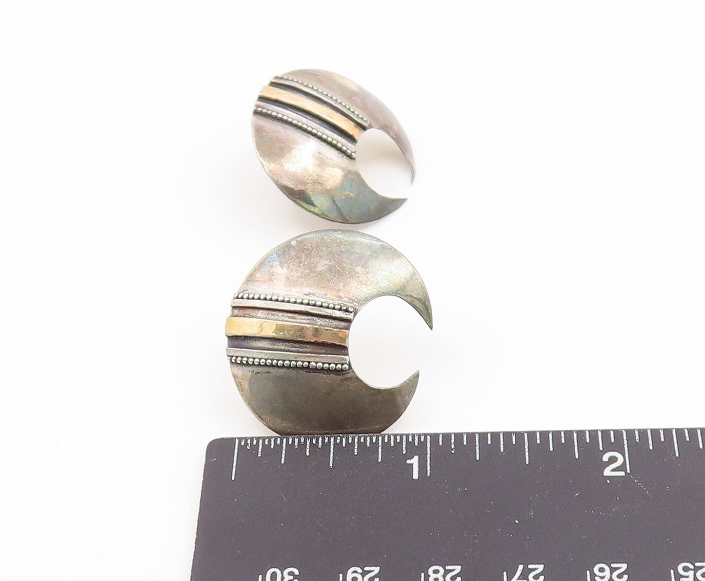 14k Gold & 925 Sterling Silver Vintage Earrings Bold Crescent Moon Stud  EG14188