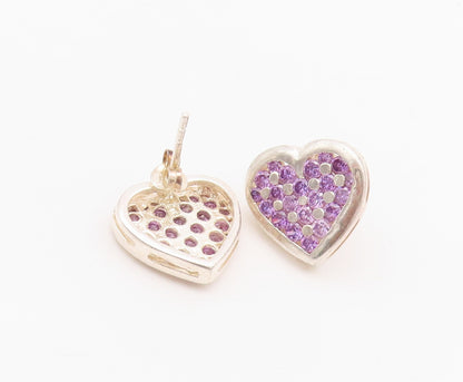 925 Sterling Silver Vintage Earrings Round Cut Amethyst Love Heart  EG13640