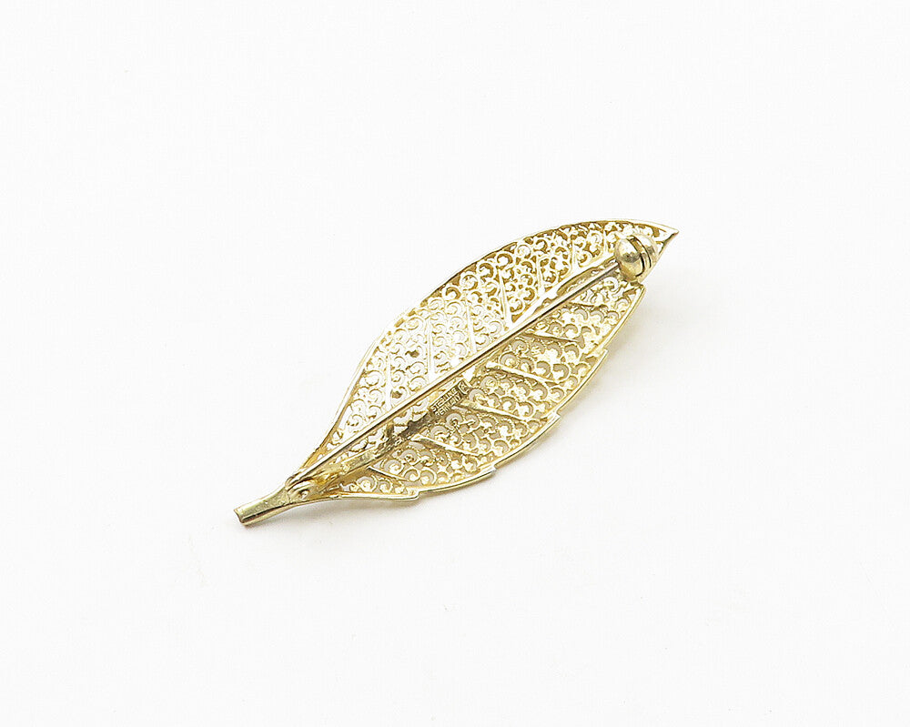 GERMANY 925 Sterling Silver Vintage Gold Plated Floral Leaf Brooch Pin  BP7348