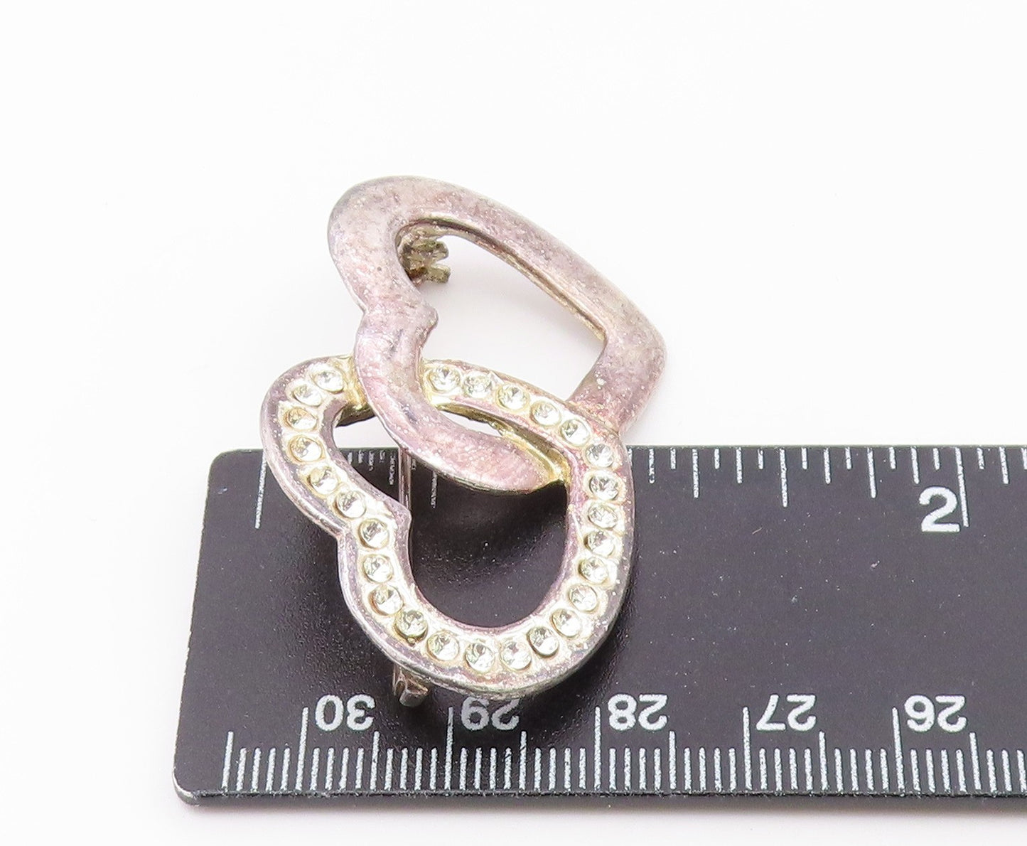 925 Sterling Silver  Vintage Shiny Topaz Open Love Hearts Brooch Pin  BP8189