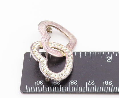 925 Sterling Silver  Vintage Shiny Topaz Open Love Hearts Brooch Pin  BP8189