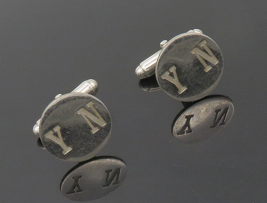 925 Sterling Silver  Vintage Shiny YN Initials Smooth Round Cufflinks  TR2313