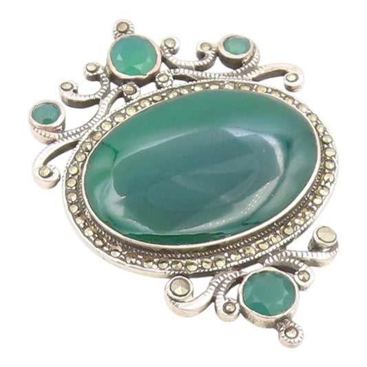 925 Sterling Silver Vintage Brooch Pin Classic Green Onyx & Marcasite  BP12530
