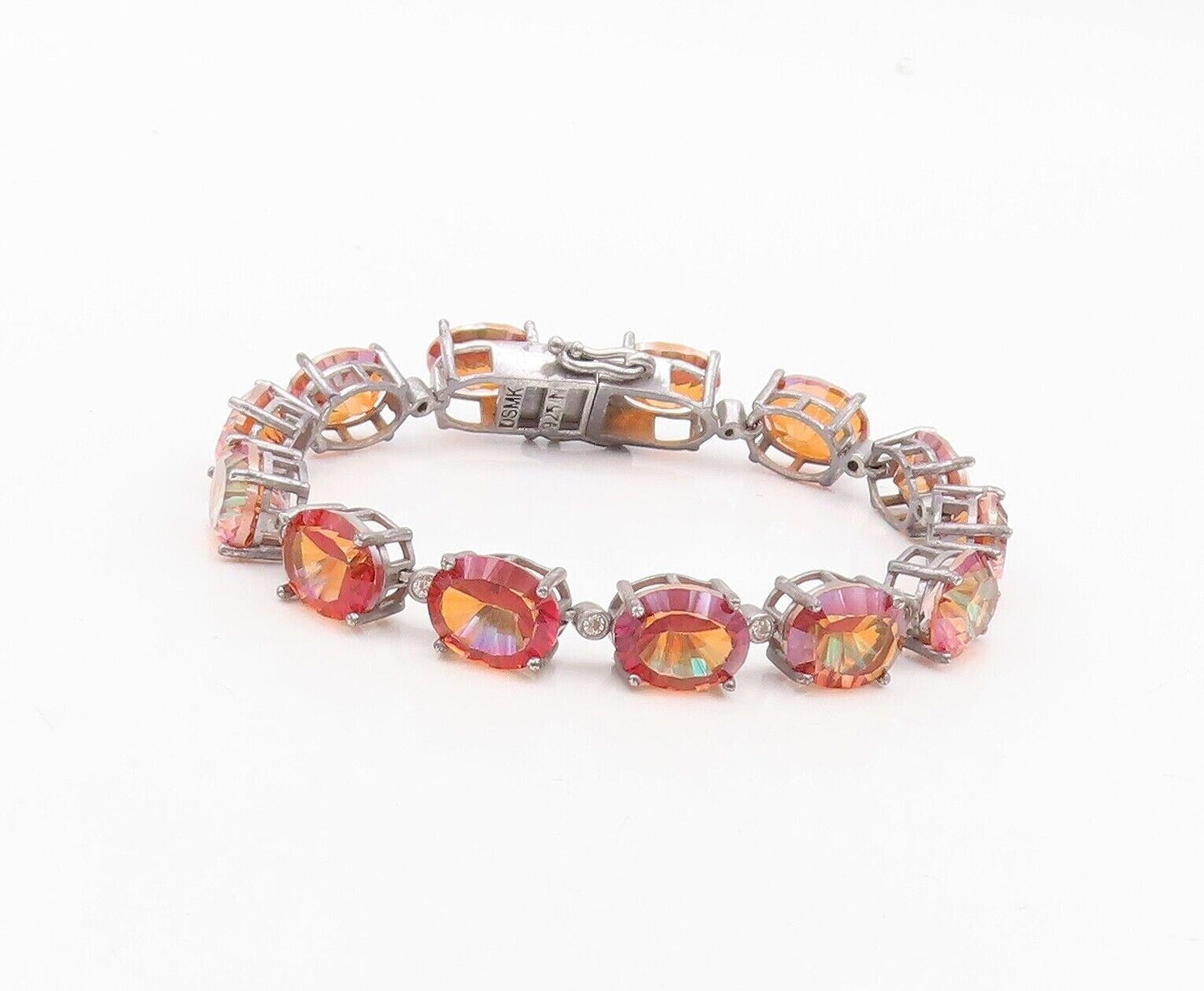 925 Sterling Silver Vintage Bracelet Orange Oval Cut Gemstone & CZ Links BT10751