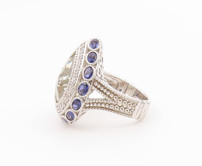 925 Sterling Silver Vintage Ring Green Amethyst Halo Tanzanite  Sz 10.5  RG36438