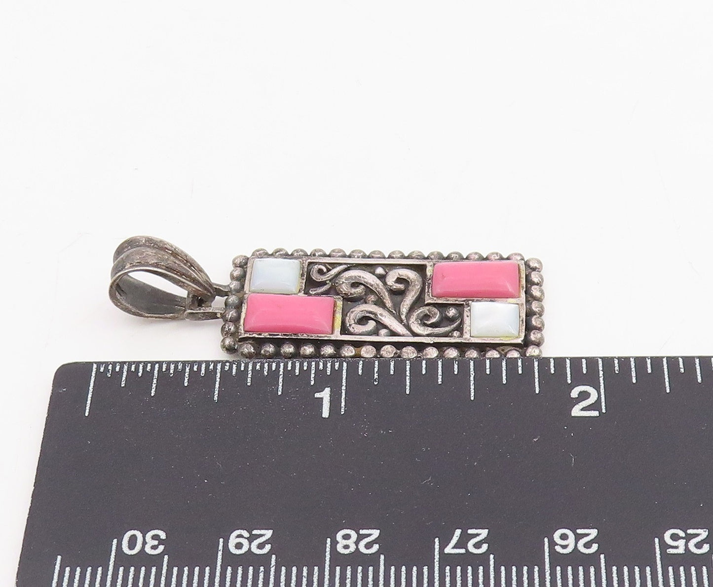 925 Sterling Silver Vintage Pendant Mother Of Pearl & Opal Scrollwork  PT25870