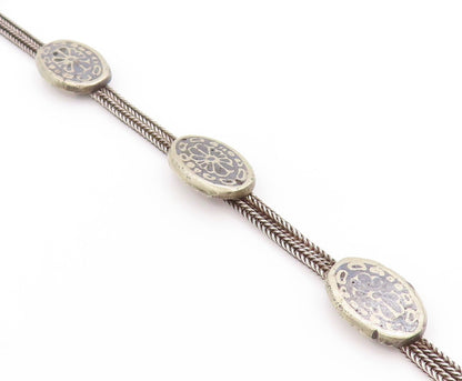 925 Sterling Silver Vintage Necklace Ethnic Geometric Disc & Tassel Chain NE4623