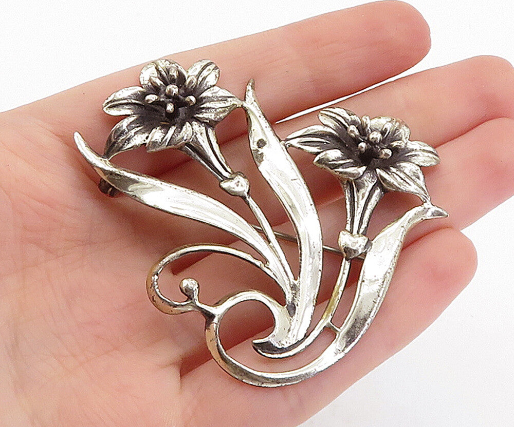925 Sterling Silver  Vintage Shiny Oxidized Sculpted Flowers Brooch Pin BP2254